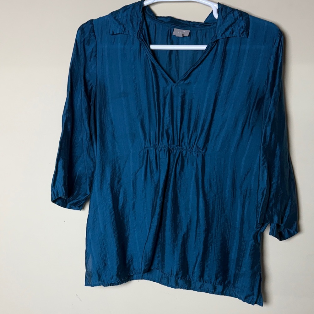 J Jill Tunic Top Size Large Blue Teal Shimmery Top Tencel Lyocell 3/4 Sleeve